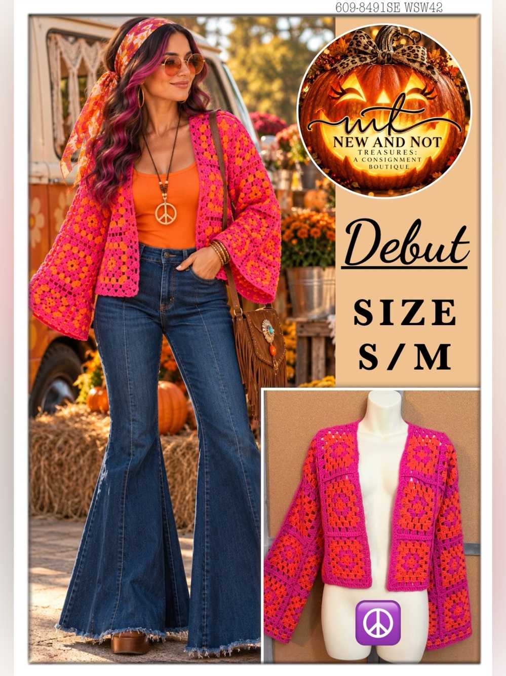 Debut S/M Granny Square Crochet Cardigan Hot Pink Orange Bell Sleeve Boho 70s